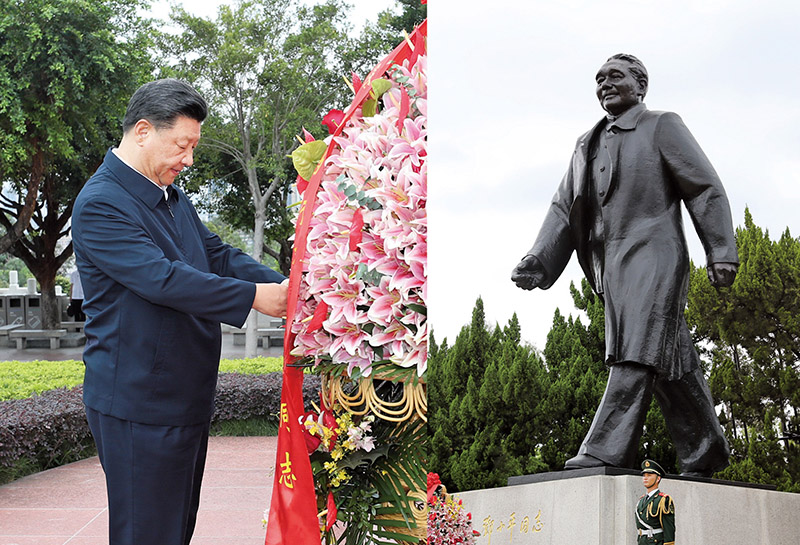 2020年10月14日，習(xí)近平總書記向深圳蓮花山公園鄧小平同志銅像敬獻(xiàn)花籃。
